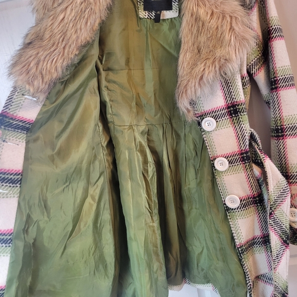 Y2K Dollhouse White Pink Green Plaid Faux Fur Collar Wool Pea Coat - Picture 7 of 10